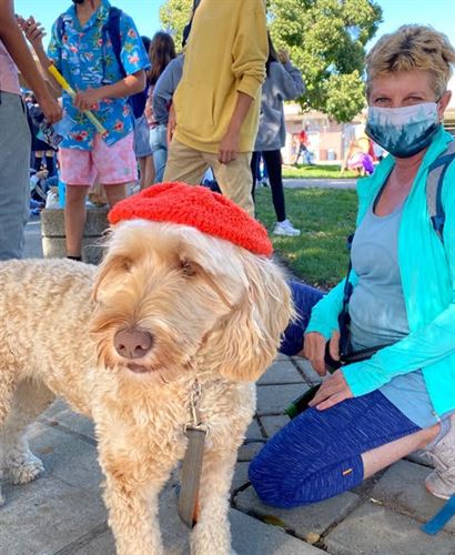 A masked volunteer kneeling beside a golden doodle dog, who is wearing a red beret