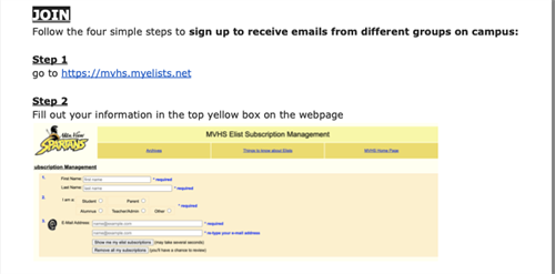 A screen shot of the Mountain View High E-list page, showing the URL--https://myhs.myelists.net--and where to fill out information to subscribe to an e-list